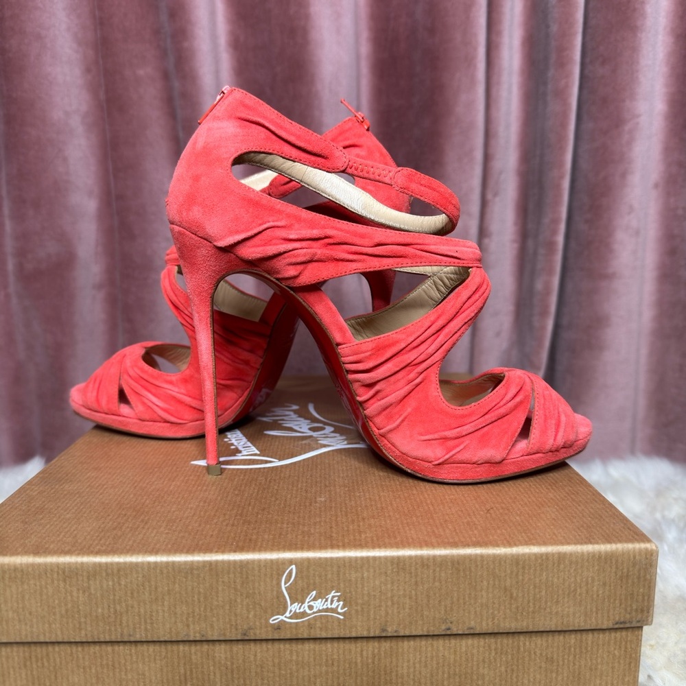 Christian Louboutin Kasia Strappy Coral Salmon Suede Leather Sandal Heels 38 - Picture 8 of 9